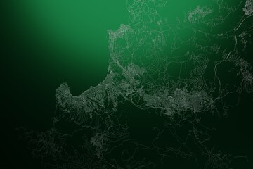 Street map of Vina del Mar (Chile) engraved on green metal background. Light is coming from top. 3d render, illustration