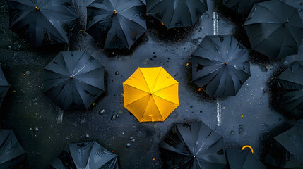 black umbrellas cover the street and one yellow umbrella is in the middle
