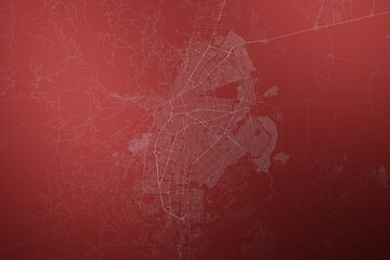 Map of the streets of Cali (Colombia) made with white lines on abstract red background lit by two lights. Top view. 3d render, illustration