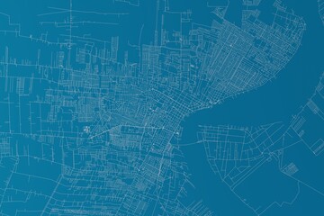 Map of the streets of Paramaribo (Suriname) made with white lines on blue background. 3d render, illustration