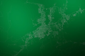 Map of the streets of Valencia (Venezuela) made with white lines on abstract green background lit by two lights. Top view. 3d render, illustration