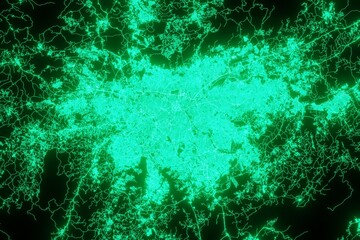 Map of the streets of Sao Paulo (Brazil) made with green illumination and glow effect. Top view on roads network. 3d render, illustration