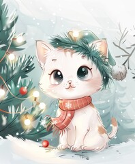 Christmas cute cat the background of a decorated New Year tree. art illustration