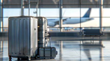 Silver suitcases ready for boarding at an airport. Travel and lifestyle concept. Modern, sleek luggage design. Convenient travel gear for tourists. AI