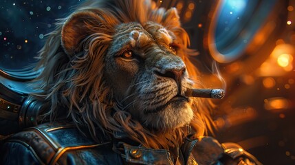 A lion smoking a cigar in space with a stars in the background