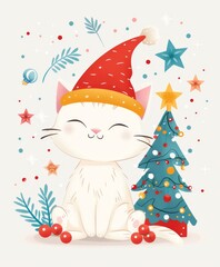 Christmas cute cat the background of a decorated New Year tree. art illustration