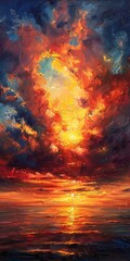 A painting showing the sun setting over the horizon of the ocean, casting a warm glow on the water and creating vivid colors in the sky