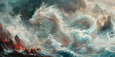 A white dragon gracefully swims in the ocean waters banner - obrazy, fototapety, plakaty