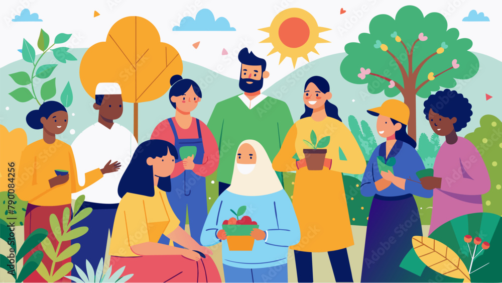 Poster a diverse and inclusive community gathers at the local garden to learn about different gardening tec