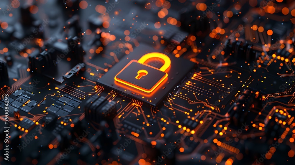 Aufkleber illuminated padlock on a circuit board representing cybersecurity. digital security concept in vivid
