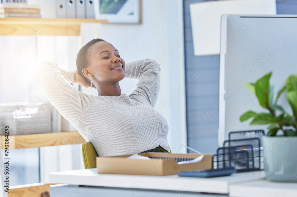 Sticker Business, stretching and black woman in office with computer, project or task satisfaction, break or nap. Stress relief, pause and African consultant relax with peace, productivity and achievement