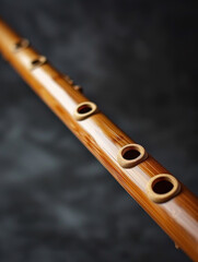 Naklejka premium Bamboo flute on a smooth grey surface with copy space.