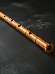 Naklejka premium Bamboo flute on a smooth grey surface with copy space.