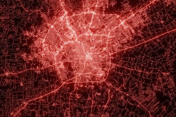 Street map of San Antonio (Texas, USA) made with red illumination and glow effect. Top view on roads network. 3d render, illustration