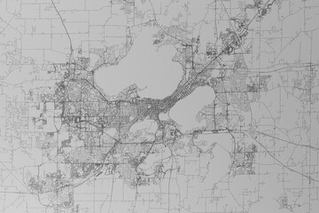 Map of the streets of Madison (Wisconsin, USA) made with black lines on grey paper. Top view. 3d render, illustration