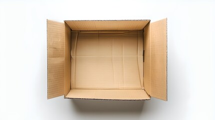 Open Empty Cardboard Box on White Background. Top View. Packaging for Delivery Concept. Minimalist Design. AI