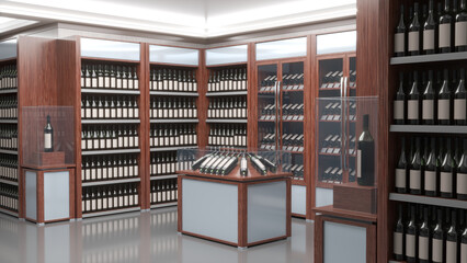 Wine store interior with wooden cabinets, showcases, wine bottles with blank labels. 3d illustration