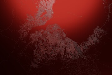 Street map of Kinshasa (Congo) engraved on red metal background. Light is coming from top. 3d render, illustration
