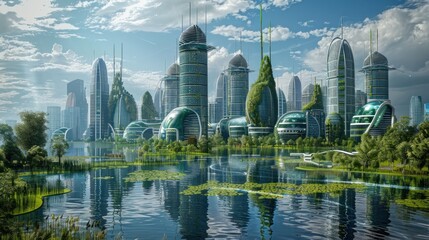A hydrogen-powered city, its skyline gleaming with the promise of a sustainable future. - obrazy, fototapety, plakaty