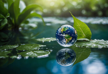 green planet earth globe with leaves and water reflection, environment and nature