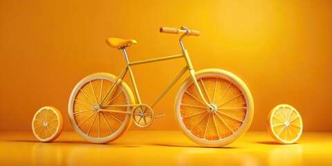 Health concept bike with orange fruit wheels 3d rendering. yellow background