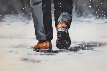 Winter walks in boots. Step by step to the dream. 