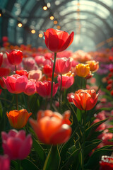 Obraz premium A field filled with vibrant red and yellow flowers tulips in bloom