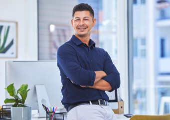 Portrait, happy and business man with arms crossed in office for career and job at workplace in...