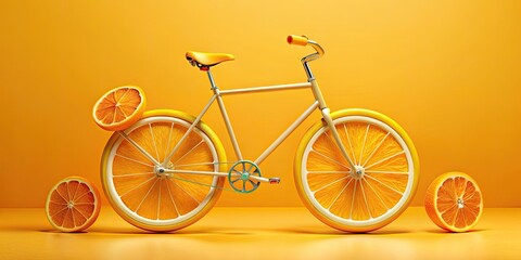 Health concept bike with orange fruit wheels 3d rendering. yellow background