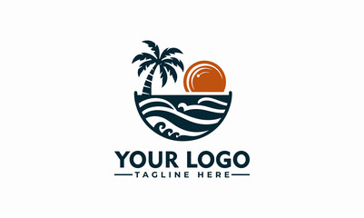Beach logo vector, beach and palm logo design, vector design of circular beach palm coconut