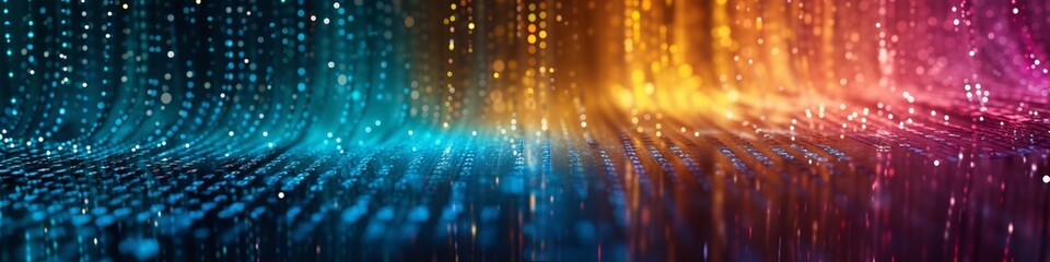 Big data analysis abstract background featuring a cascading color gradient, resembling a digital waterfall of data, symbolizing the flow and convergence of diverse information streams.