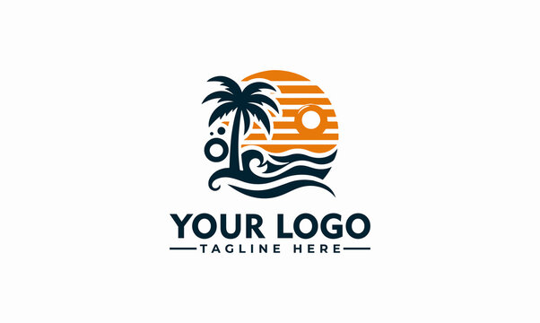 Beach logo vector, beach and palm logo design, vector design of circular beach palm coconut