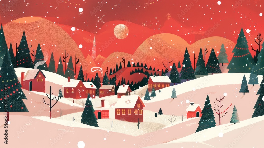 Sticker Illustration of a Christmas landscape background for a festive and charming Christmas card design created in 2d format