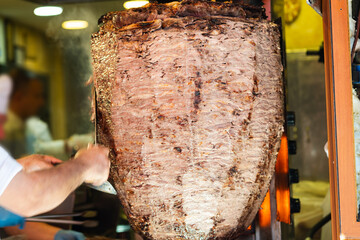Kebab meat rotating, known as donor or shawarma. A popular street food in Turkey and Middle East