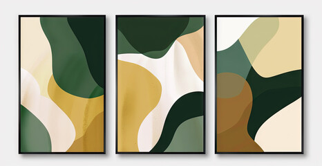 Set of three vertical posters with abstract shapes in green and beige color, modern art style poster design