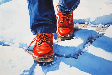 Winter walks in boots. Step by step to the dream. 