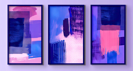 Three abstract art paintings with blue and violet color, dynamic brush strokes. Design for poster, print, cover, placard, brochure