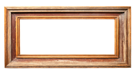 Old wide brown wooden frame on a white and transparent background. PNG.