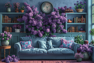 Painting depicting a living room decorated with purple flowers lilac - obrazy, fototapety, plakaty