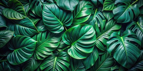 Lush green leaves flat lay, creating a vibrant pattern as a backdrop of the tropical jungle.