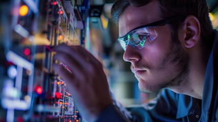 electrical engineer working on a complex power grid diagram, their focused expression reflecting deep understanding - obrazy, fototapety, plakaty