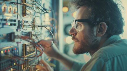 electrical engineer working on a complex power grid diagram, their focused expression reflecting deep understanding