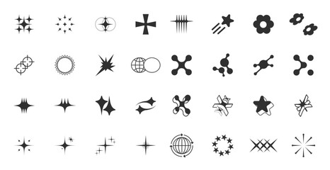 Collection of Y2K elements. Trendy geometric forms of brutalism. Fashionable retro futuristic objects. Vector set