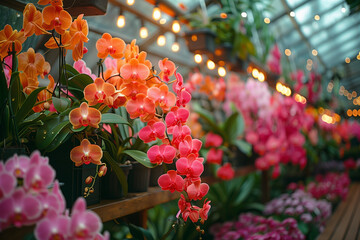 A greenhouse bursting with vibrant pink and orange flowers orchids in full bloom