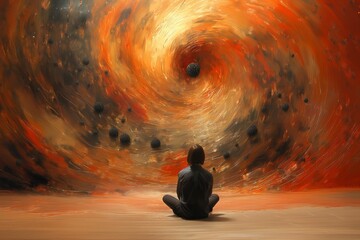 A man in the lotus position meditates in front of a screen where a red-black vortex of infinity with a black center rotates, plunging into the depths of consciousness