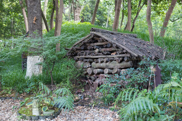 a house made of natural materials,a pile of wood,in the forest, organic and natural, environmentally friendly
