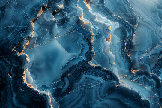Detailed view of a smooth and shiny blue and gold marble walllpaper