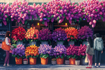 three individuals standing in front of a flower shop