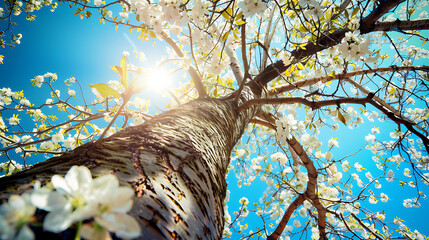 Blossom under the big tree wallpaper, the view to the sky is beautiful.
