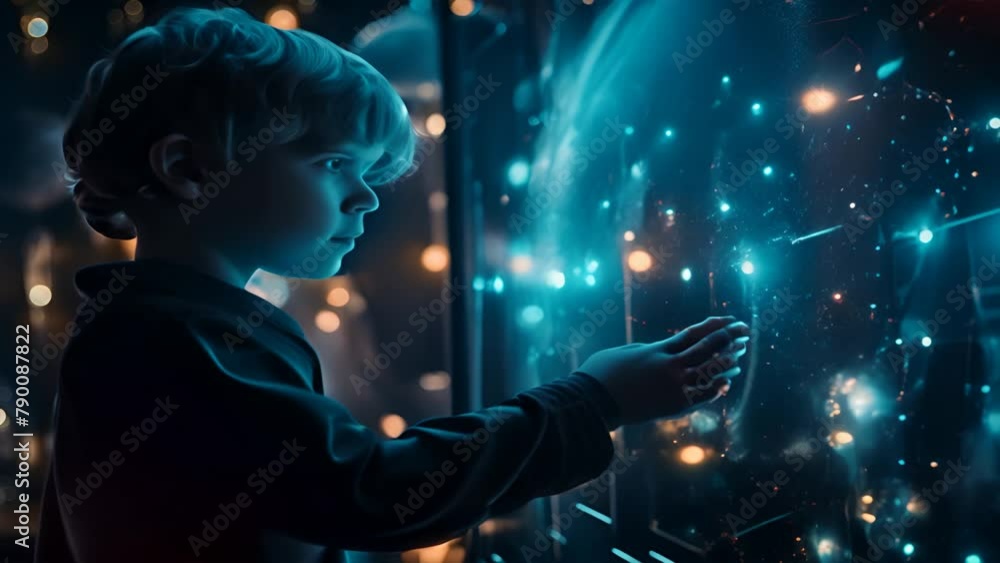 Poster a model child communicate with a robot, with virtual or robot. a future technology concept